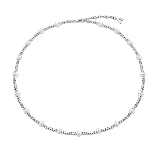 [BJ01N0197] Pearl-Embellished Silver Brass Choker Necklace with Elegant Charm
