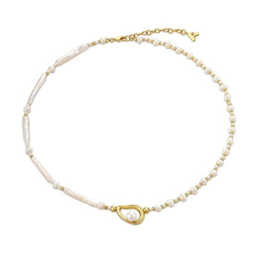 [BJ01N0203] Golden Pearl Necklace with Baroque Freshwater Beads and Charm