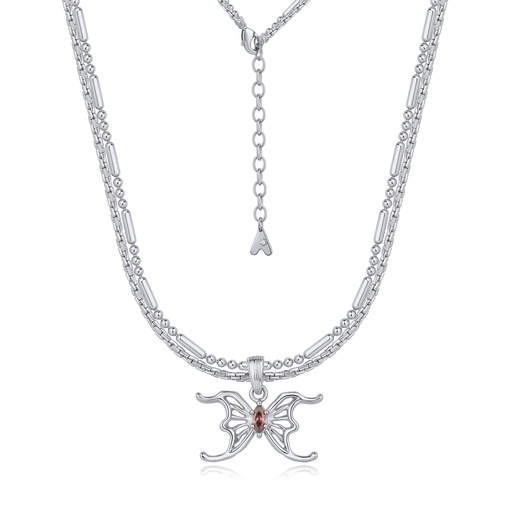 [BJ01N0214] Dual Chain Silver Necklace with Delicate Butterfly and Gemstone