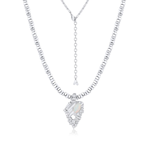 [BJ01N0217] Opal Heart Pendant Necklace with Textured Chain and Zircon Border
