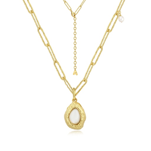 [BJ01N0222] Gold Textured Pendant Necklace with Oval Pearl and Layered Chain