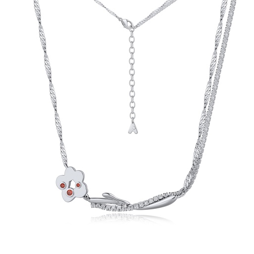[BJ01N0229] Silver Blossom Pendant with Red Crystals and CZ Details