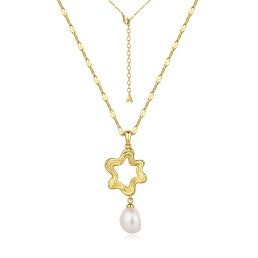 [BJ01N0231] Gold Star Outline Pendant with Dangling Pearl Charm