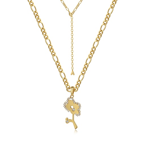 [BJ01N0238] Gold-Plated Brass Key Pendant Necklace with Cubic Zirconia Accents