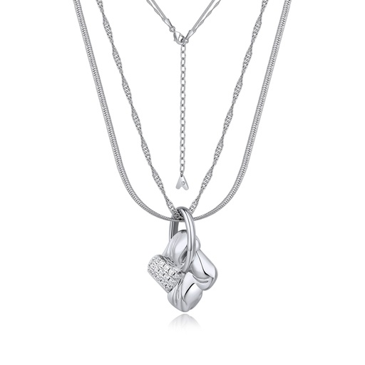 [BJ01N0256] Layered Silver Brass Necklace with Bold Geometric Knot Charms