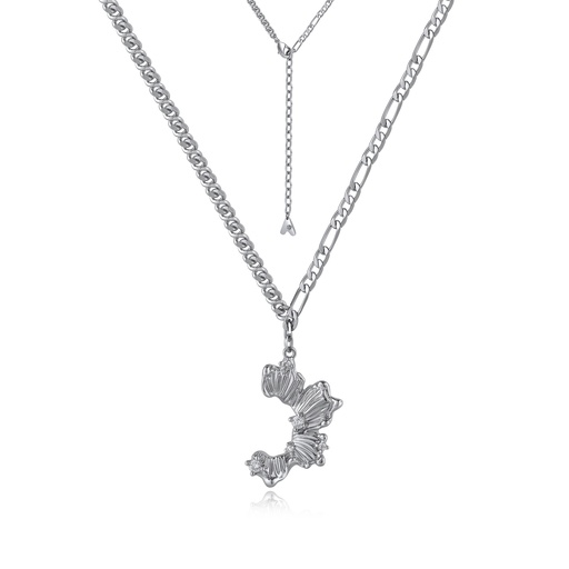 [BJ01N0269] Textured Floral Pendant Necklace on Layered Chains