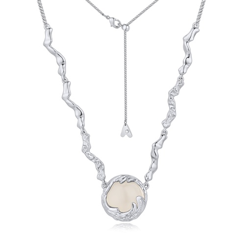 [BJ01N0271] Organic Silver Textured Necklace with Round Flame Pendant