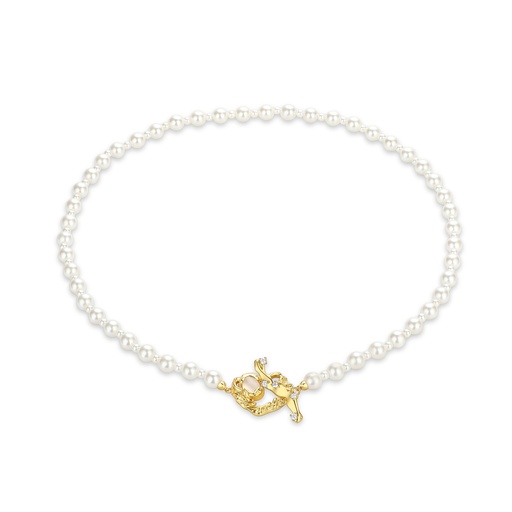 [BJ01N0274-1] Gold-Plated Pearl Necklace with Mermaid Charm Clasp