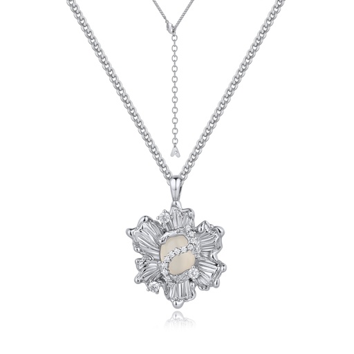 [BJ01N0275] Silver-Plated Floral Pendant Necklace with Crystals and Resin Centerpiece