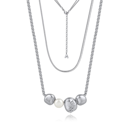[BJ01N0289] Silver Multi-Layer Necklace with Pearl and Bead Charms