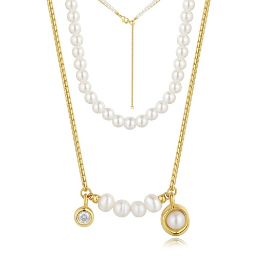[BJ01N0292] Gold Pearl Layered Necklace with Crystal Accents