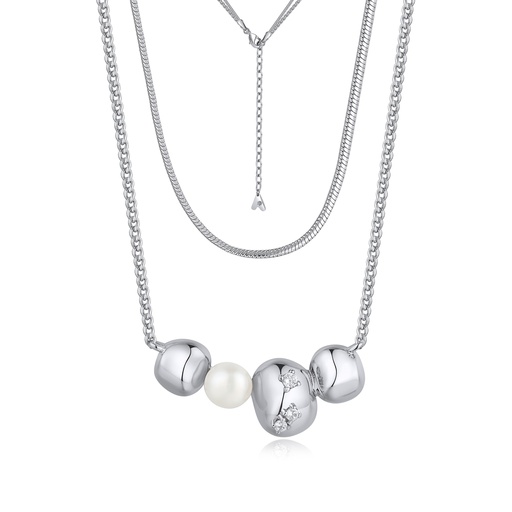[BJ01N0294] Silver Triple Chain Necklace with Round Beads and Pearl