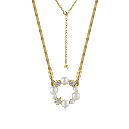[BJ01N0295] Gold Circular Pearl Necklace with Crystal Accents