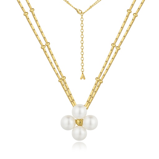 [BJ01N0296] Gold Four-Pearl Floral Necklace with Layered Chains