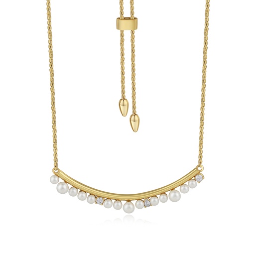 [BJ01N0297] Gold Brass Necklace with Pearls and Cubic Zirconia Accents