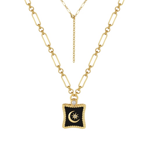 [BJ01N0306] Celestial Square Pendant Necklace with Crescent Moon and Star Design