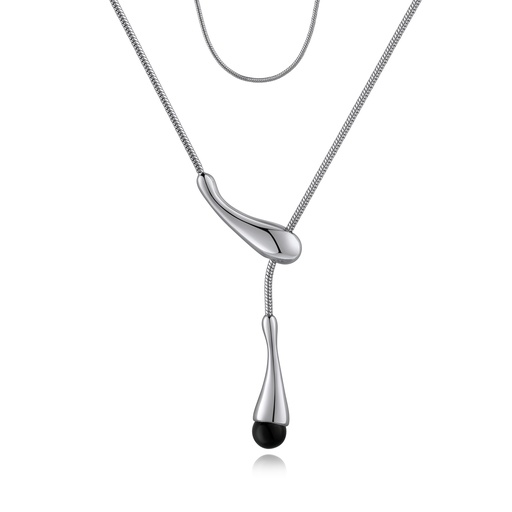 [BJ01N0478-1] Sleek silver-tone lariat necklace with black drop bead detail