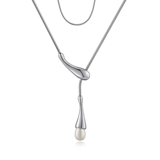 [BJ01N0478-2] Contemporary silver lariat necklace with elegant pearl drop charm