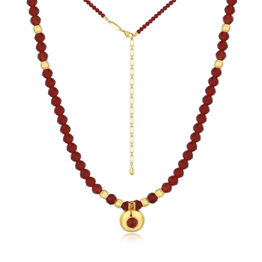 [BJ01N0524] Gold-Plated Red Beaded Brass Necklace with Center Pendant