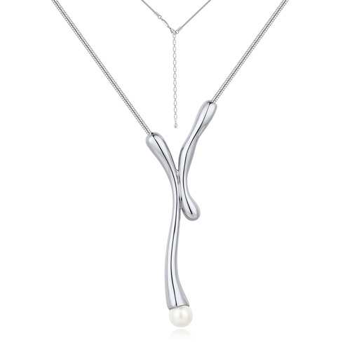 [BJ01N0533] Modern Sculptural Y Necklace with Pearl Drop Accent