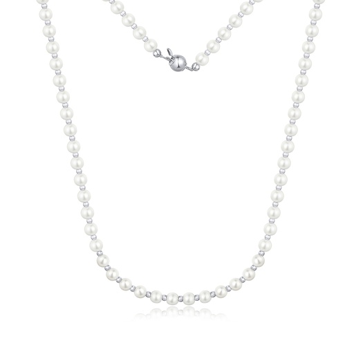 [BJ01N0534] Elegant Brass Pearl Necklace with Delicate Silver Spacers