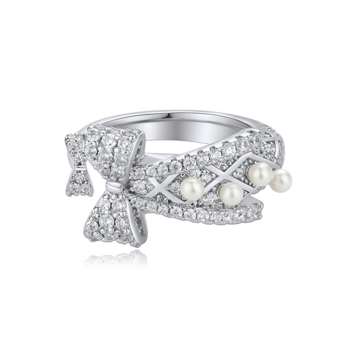 [BJ01R0084] Vintage-Inspired Bow Ring with Pearls and Crystal Embellishments