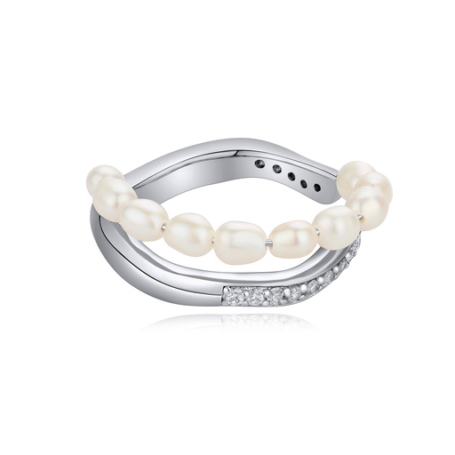 [BJ01R0089] Elegant Brass Ring with Freshwater Pearls and Cubic Zirconia