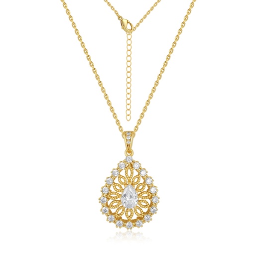 [PD02N0182] Teardrop Halo Filigree Pendant Necklace in Gold Tone