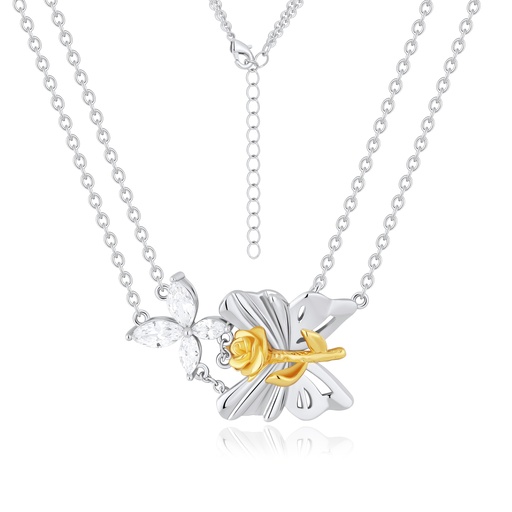 [PD02N0214] Dual-Tone Butterfly and Rose Necklace with Crystal Detail