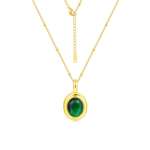 Gold Stainless Steel Necklace with Green Oval Crystal Pendant