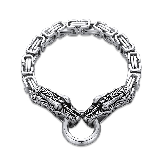 [DJ01B0020] Stainless Steel Chain Bracelet with Wolf Head Clasp and Ring Detail