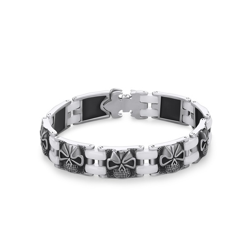 [DJ01B0025] Skull Design Stainless Steel Link Bracelet with Black Inlay