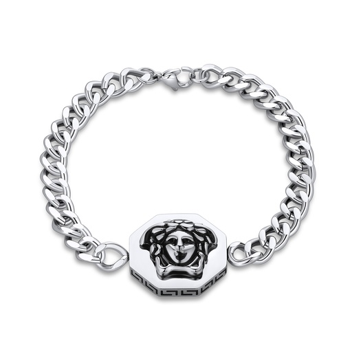 [DJ01B0026] Medusa Charm Stainless Steel Chain Bracelet with Greek Key Detail