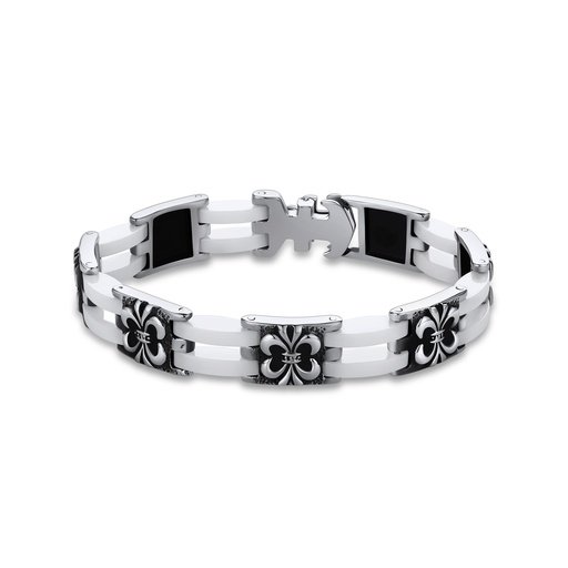[DJ01B0027] Fleur-de-Lis Design Stainless Steel Bracelet with Black Inlay