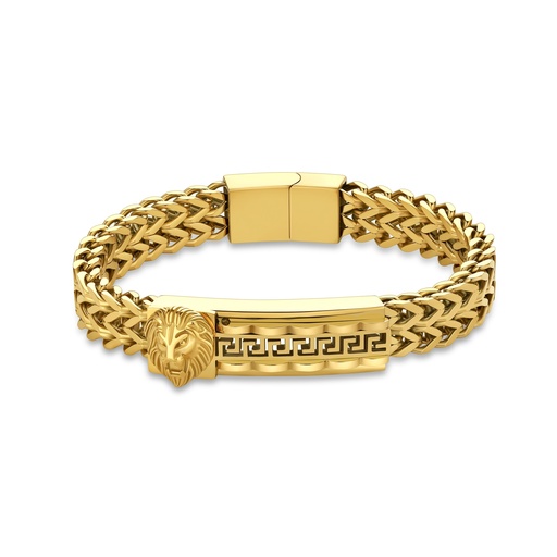 [DJ01B0030] Gold-Plated Stainless Steel Lion Head Bracelet with Greek Key Detail