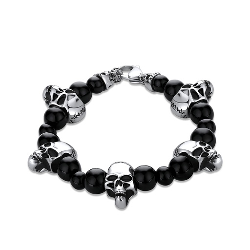 [DJ01B0032] Skull and Onyx Beaded Stainless Steel Bracelet with Bold Design