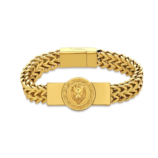 [DJ01B0043] Gold Lion Emblem Stainless Steel Link Bracelet with Secure Clasp