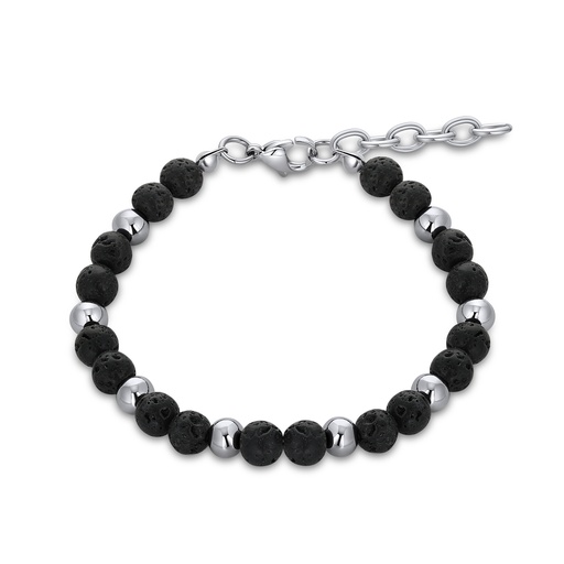 [DJ01B0050] Lava Stone and Stainless Steel Beaded Bracelet with Adjustable Chain