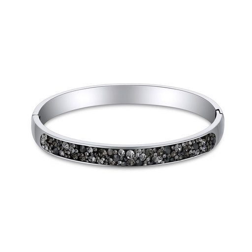 [DJ01B0057] Sleek Silver-Tone Bangle with Black Crystal Pave Inlay