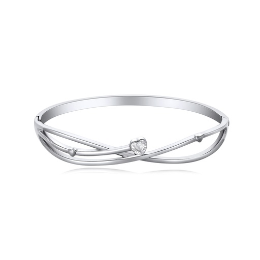 [DJ01B0064] Elegant Stainless Steel Bangle with Heart and Crystal Accents