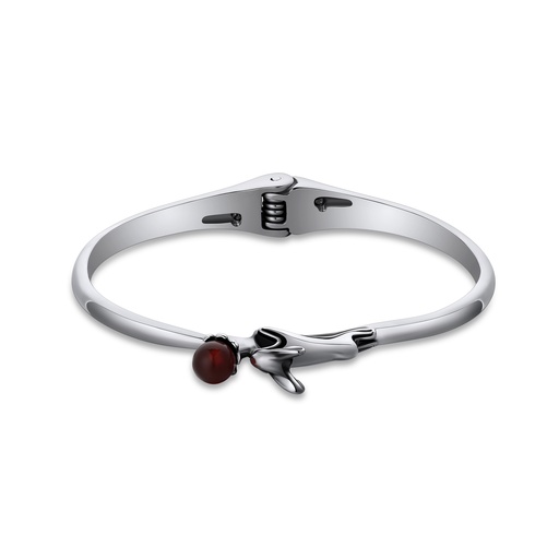 [DJ01B0066] Elegant Stainless Steel Bangle with Red Stone Accent and Unique Clasp