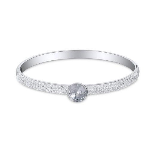 [DJ01B0072] Silver Stainless Steel CZ-Studded Bangle with Center Stone