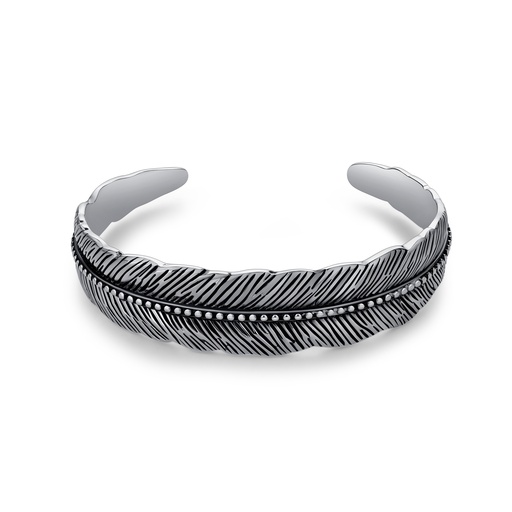 [DJ01B0080] Feather-Inspired Stainless Steel Cuff Bracelet with Bead Detailing