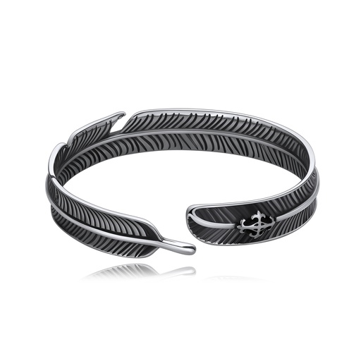 [DJ01B0082] Elegant Stainless Steel Feather Cuff Bracelet with Decorative Charm