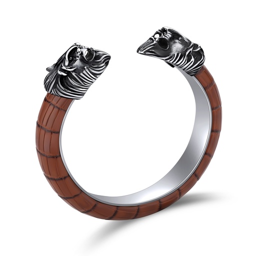 [DJ01B0087] Bold Stainless Steel Bracelet with Animal Skull Design and Faux Leather