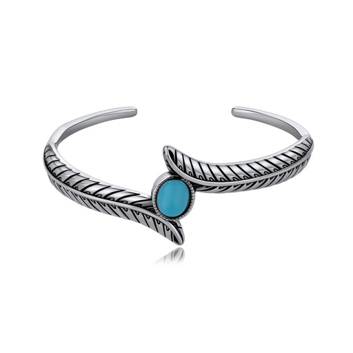 [DJ01B0088] Elegant Stainless Steel Cuff with Feather Detailing and Turquoise Gemstone