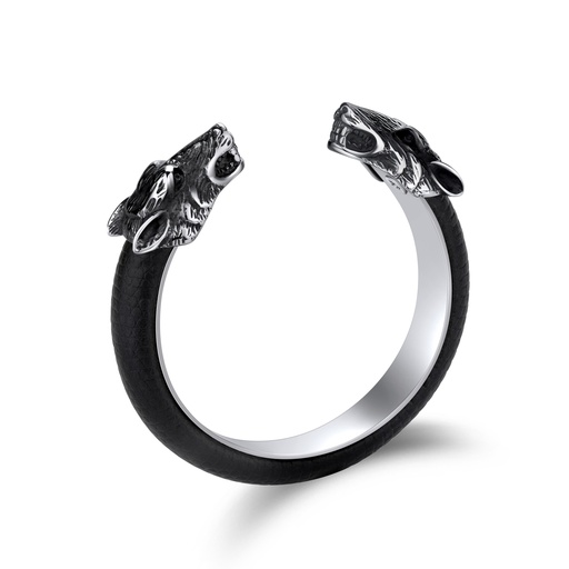 [DJ01B0089] Stainless Steel Wolf Head Design Cuff Bracelet with Black Leather