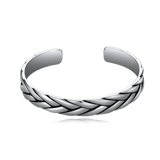 [DJ01B0100-2] Silver Stainless Steel Braided Pattern Open Cuff Bangle Bracelet