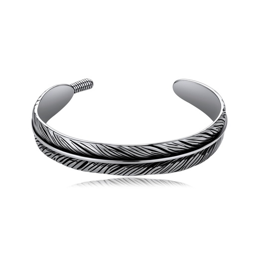 [DJ01B0108-2] Silver Feather Pattern Open Cuff Bracelet in Stainless Steel