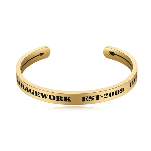 [DJ01B0111-2] Gold Stainless Steel Cuff Bracelet with Engraved Urban Text